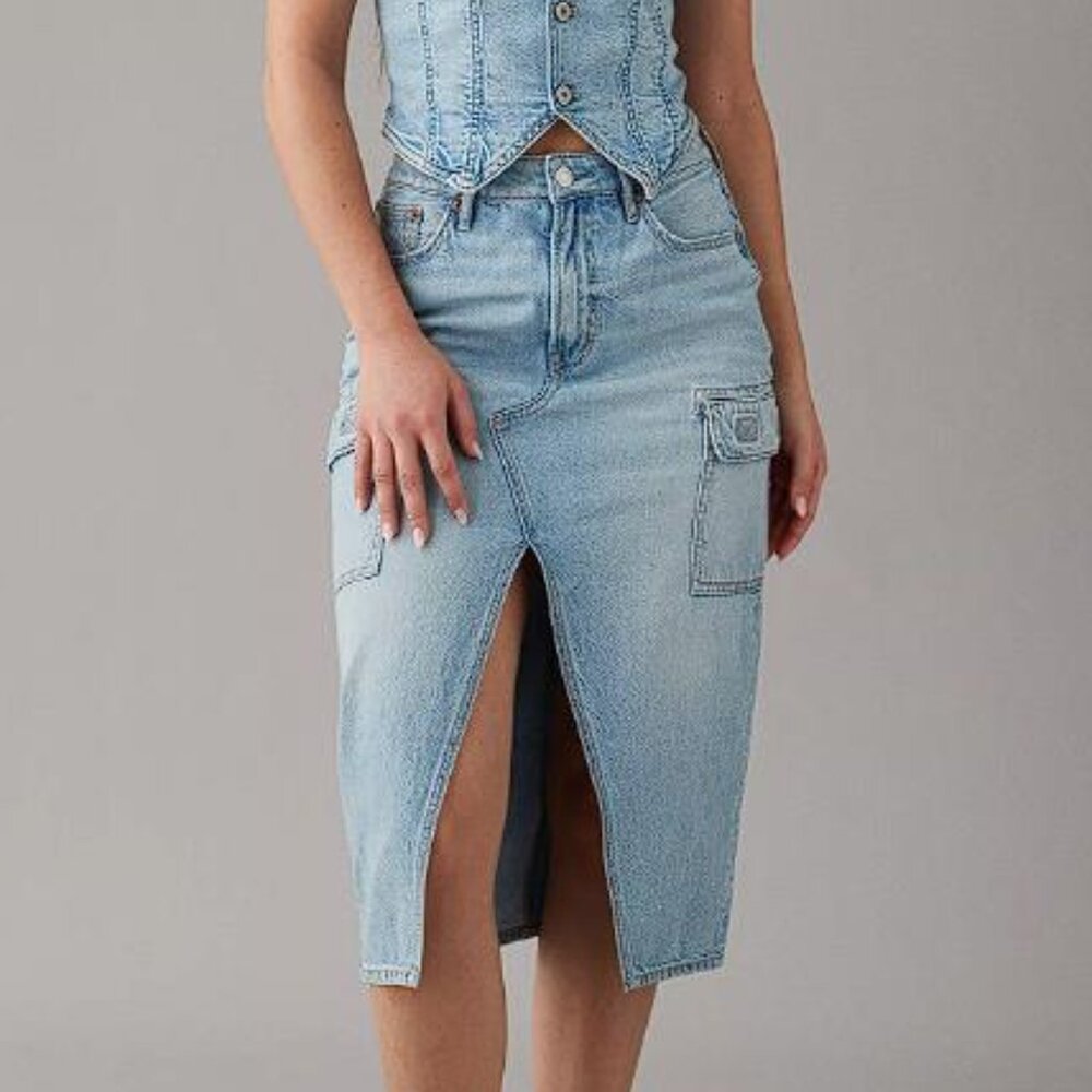 American Eagle Outfitters Light Blue Denim Midi Skirt with Front Slit